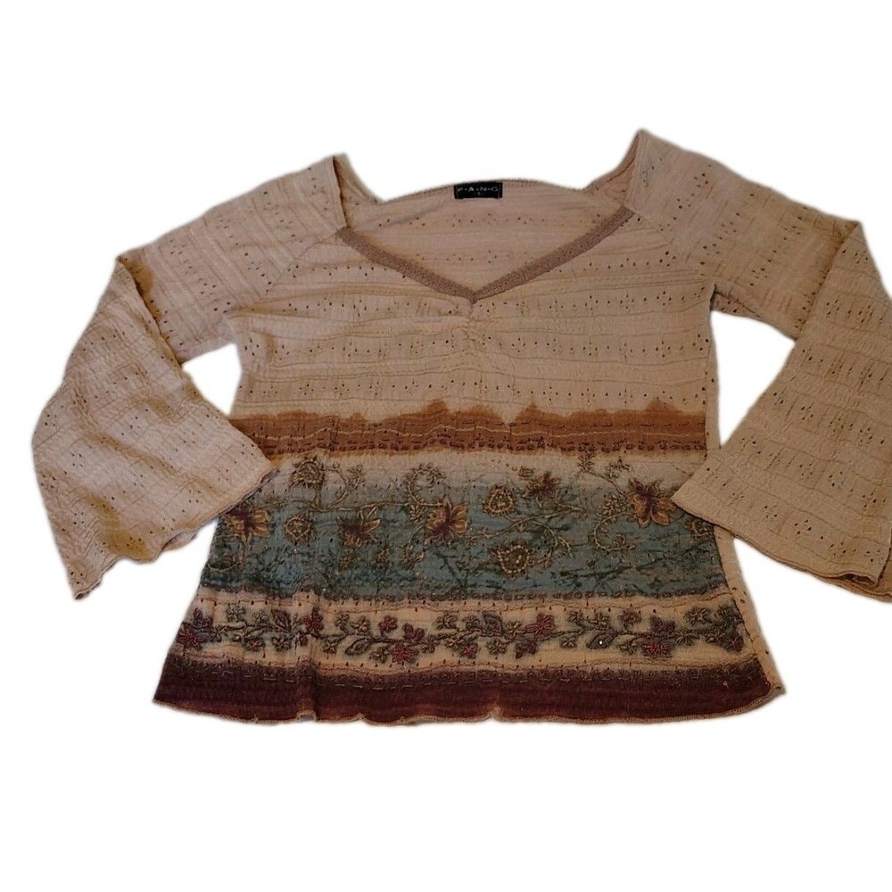 Vintage FANG Y2K Pointelle Knit Floral Print Top V-Neck Size S